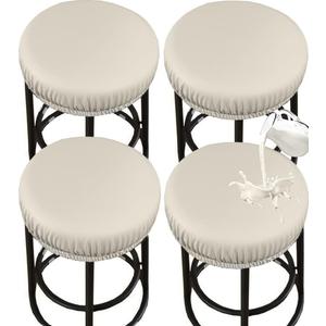 HFCNMY Stool Covers Round, Stretch PU Round Bar Stool Covers Waterproof Bar Stool Seat Covers Bar Chair Covers Washable Stool Cushion Slipcovers with Elastic Bands for 12-17 Inch Chair (4Pcs,Beige)