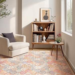 Kokia Moroccan 5x7 Area Rugs, Oriental Rug for Living Room, Non Slip Foldable Washable Hobo Rugs Non Shedding Accent Rugs for Bedroom Dining Room Orange 5 x 7