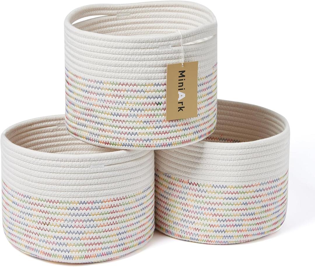 Small Basket for Organizing | Cube Shelf Closet Storage Baskets | 9.79.77.1 | Woven Rope Gift Basket | Nursery | Round 3 Packs Rainbow (L9.7W9.7H7.1, Rainbow Stitches/Off White)