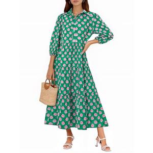 Wenrine Womens Casual Shirt Dress Floral 3/4 Sleeve Button Down V Neck Collared Loose Boho Beach Maxi Dresses A-Dark Green, L