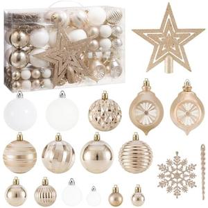99PCS Christmas Tree Balls Ornaments Set with Topper, Champagne+White Shatterproof Hanging Christmas Tree Decorations