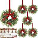 6 Pcs Mini Christmas Wreath for Cabinets Kitchen, 11 Inch Hanging Small Christmas Wreaths with Red Bows Cedar Branchs Red Berry Clusters for Kitchen Cabinet Fireplace Window Front Door Wall Decor