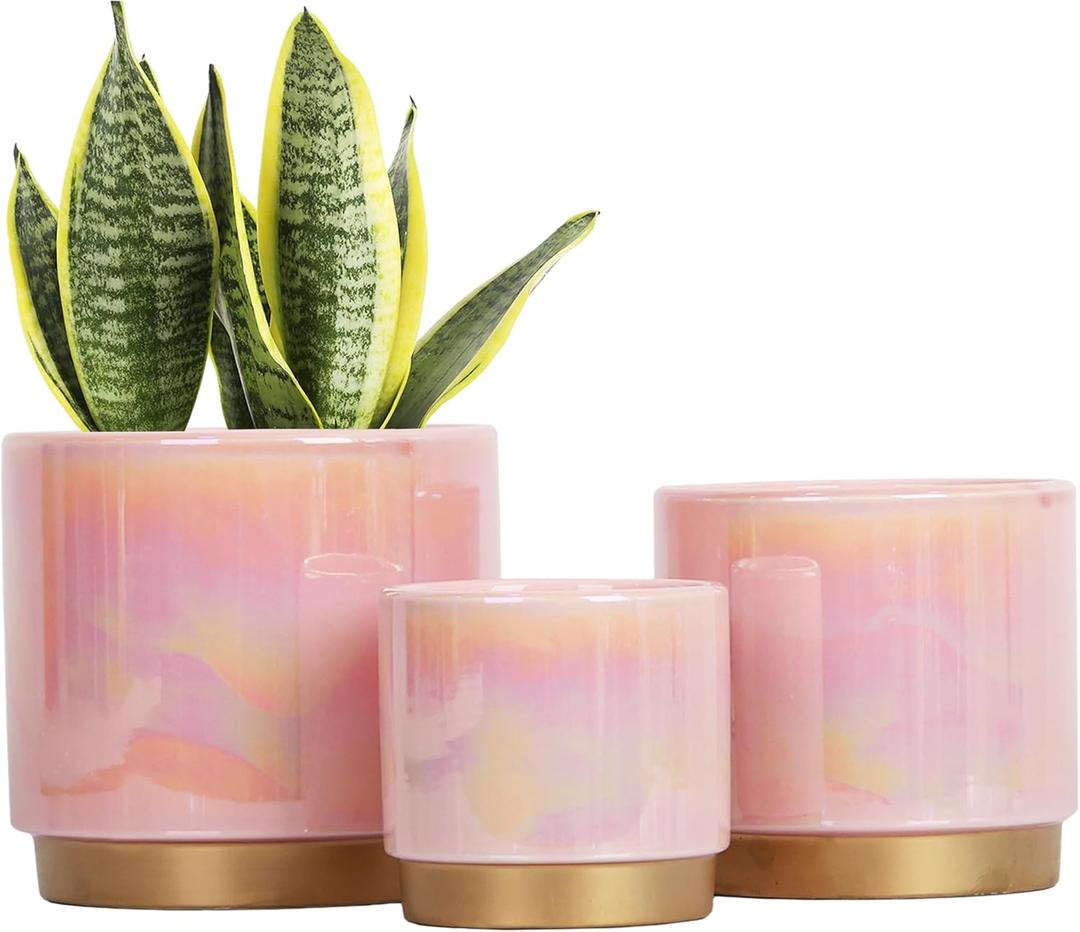 Gepege Indoor Pots for Plants, Ceramic Planter with Drainage Hole, 9.6inch+7.6Inch+6Inch. Succulent Orchid Flower Pot - Rainbow Pearl Glaze (10+8+6inchs, Pink)