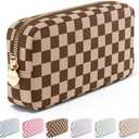 Makeup Bag Travel Cosmetics Pouch and Toiletry Bag, Nylon Zipper Pouch Purse, Cute Make Up Organizer Storage Tote for Women Girls, Travel Skincare Case, Small Makeup Case, Chocolate Sand Checkered