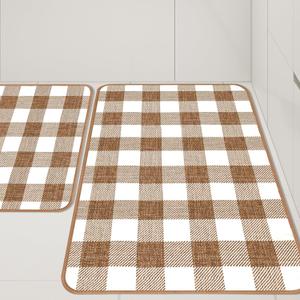 Matace 2 Pieces Buffalo Plaid Check Rug Set, 20x32 & 20x56 inch, Non-Slip, Machine Washable, Non-Printed Woven Surface, Quick Absorb & Dry, for Chic Kitchen/Bathroom/Laundry/Entryway - Brown & White