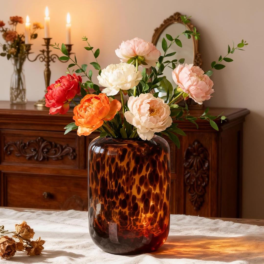 Amber Brown Glass Vase  Round Art Glass Vase with Tortoise Shell Pattern, Hand Blown Wide Mouth Decorative Centerpiece for Living Room, Dining Table or Entryway Home Decor (Small)