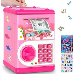 Pink Piggy Bank for Kids with Password Code Lock and Auto Grab Bill Slot, PhilaeEC Real Money Cash Coin Can Saving Box Electronic Money Safe Bank, Hot Gift for 4 7 8 9 10 11 Year Old Boys Girls