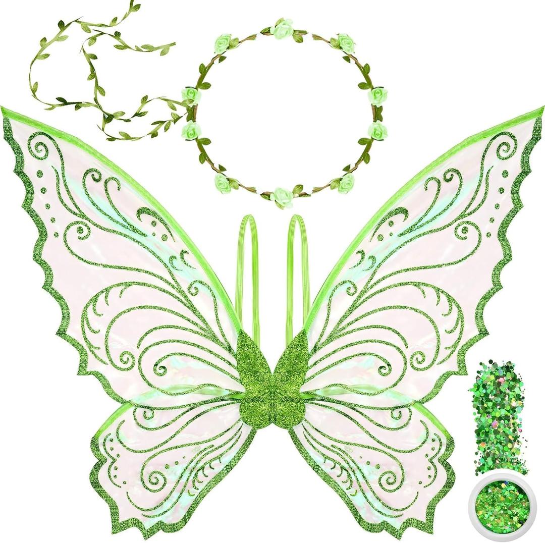 U-Goforst Fairy Wings Adult Women, Fairy Costume for Woman Butterfly Wings for Girls Adult Halloween Costume Cosplay Dress Up (Green)