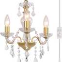 Plug in Modern 3-Light Gold Chandelier with Glass Crystals, Candle Style Pendant Light Fixtures for Living Room, Girls Room, Kitchen Island, Entryway