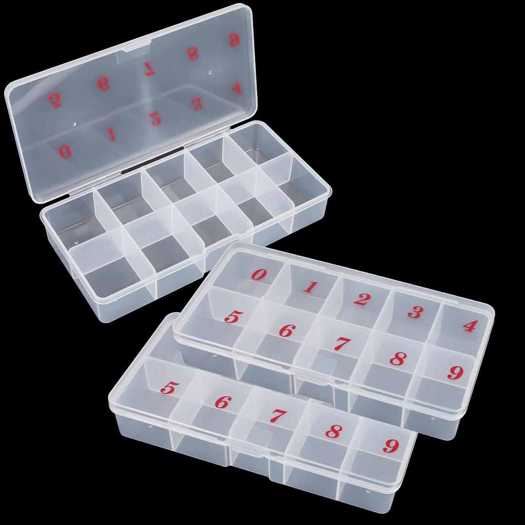 2 Pieces False Nail Tips Transparent Storage Box with 10 Number Spaces Storage Case Container Nail Box Plastic Grid Box for FingernailCrystal, Jewelry, Nail Accessories (Clear)