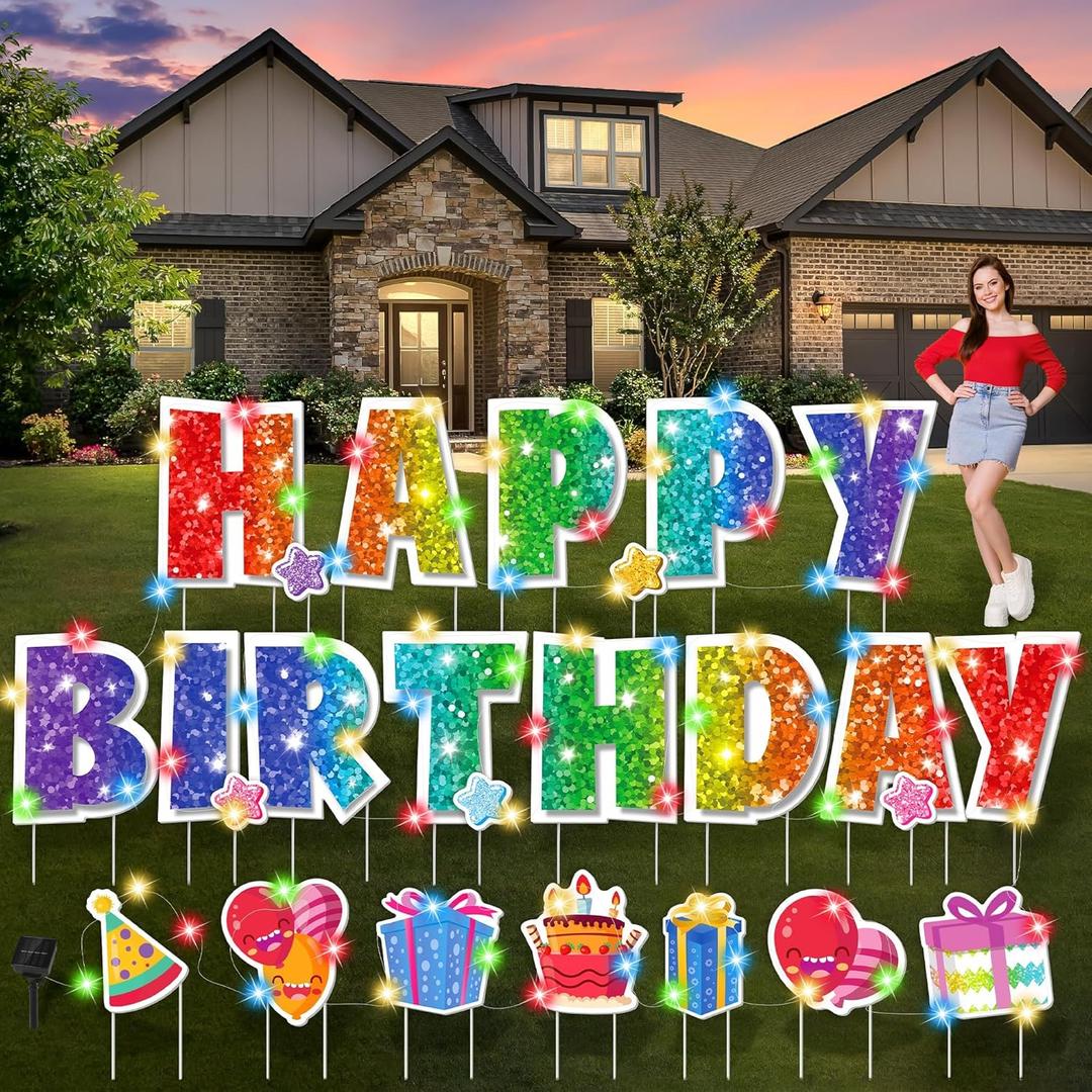 25 Pcs Extra Large 19.7 Inch Happy Birthday Yard Signs with Solar LED Light Glitter Rainbow Birthday Lawn Signs with Metal Stakes Waterproof Outdoor Decorations for Garden Party
