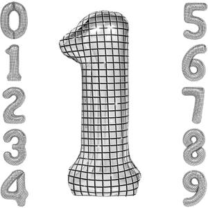 40 Inch Large Silver Disco Ball Print Number Balloon for New Year's Eve, 70s Birthday Party Supplies, Disco Party Decorations Number 1