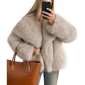 Women's Winter Faux Fur Coats Fluffy Jacket 2026 Trendy Long Sleeve Lapel Shaggy Warm Outerwear with Pockets,Oats,Medium