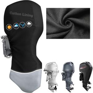 Outboard Motor Cover, 1200D Full Boat Motor Cover with Soft Cotton Lining Fit 90-150 HP Motor, Waterproof & Heavy Duty, Windproof Boat Engine Cover with Elastic Drawstring, Zipper, Black Grey