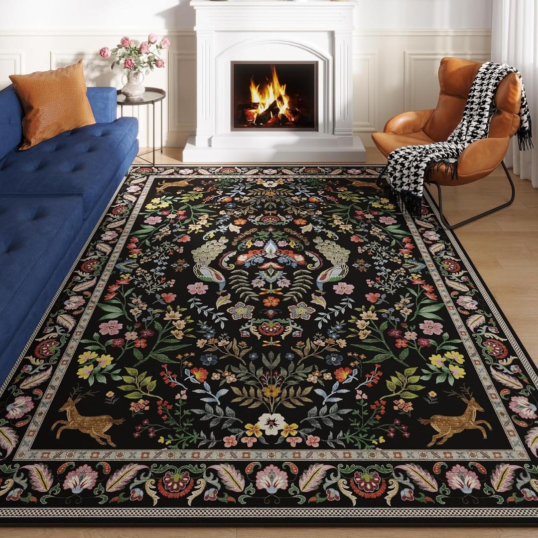 8x10 Area Rugs for Living Room Washable Rug Floral Non-Slip Large Rug for Living Room, Bedroom, Farmhouse, Dining Room, Kids Playroom (Vibrant Black) (8' x 10' (Rectangular))