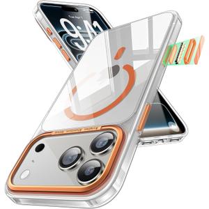 Maledan for iPhone 17 Pro Max Case Clear Orange - Aluminum Camera Frame Magnetic 17 Pro Max Case Fit for Mag Safe, Camera Control, Transparent Military Shockproof Phone Cover for iPhone 17 Pro Max