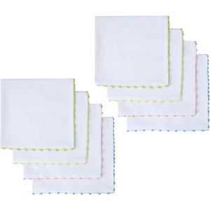 COTTON CRAFT Cloth Napkins - Set of 8 Soft 100% Cotton - White Napkins with Elegant Crochet Border Trim in Pink, Aqua, Yellow, Green Easter Spring Summer Lunch Dinner Serviettes - Multicolor - 17x17