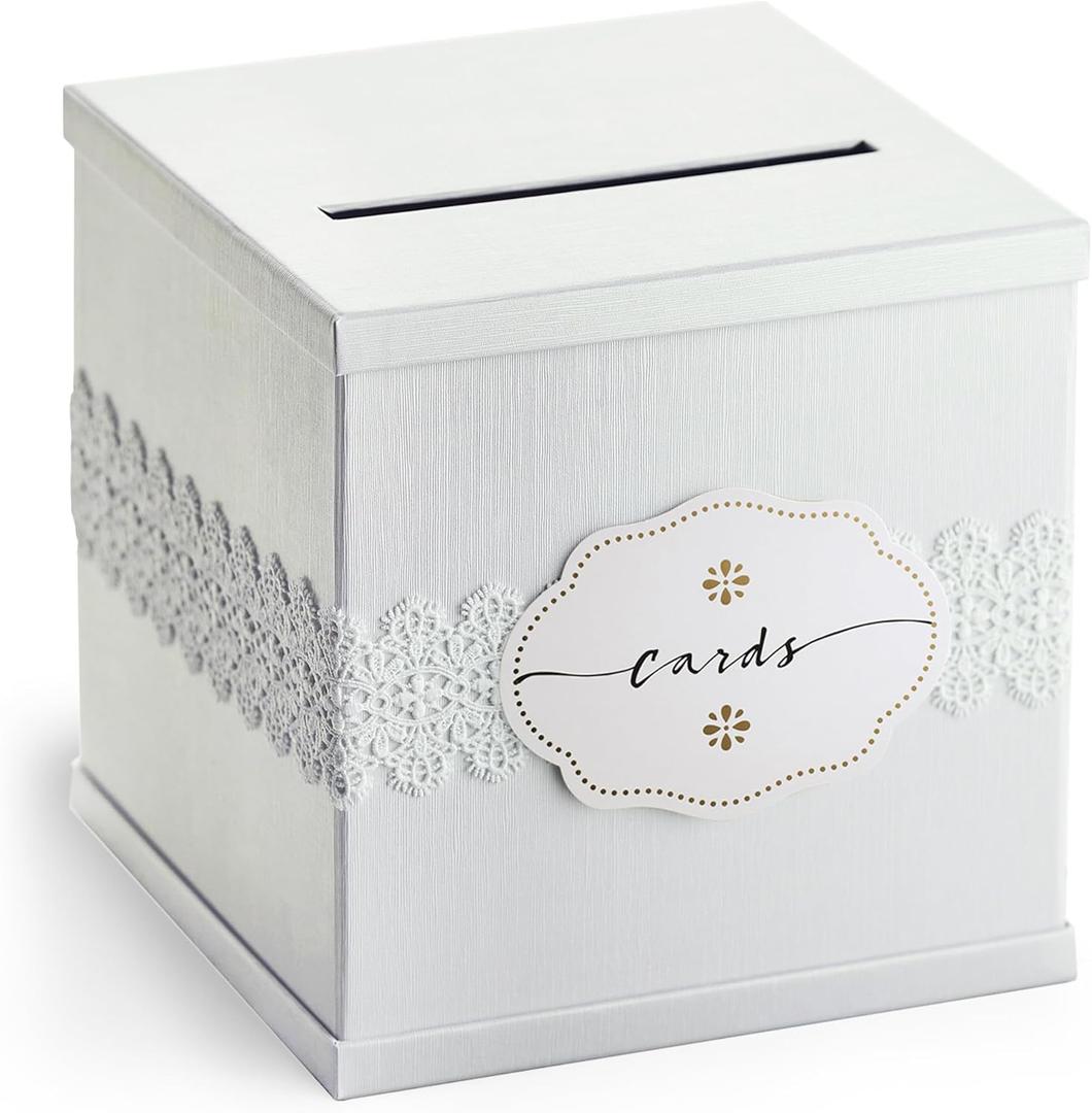 White Wedding Card Box, Large 10x10 Gift Card Holder, Elegant Envelope Box with Slot for Graduation, Birthday Party, Money, Funeral, Wedding Reception Table, Bridal & Baby Shower, Sweet 16, Baptism