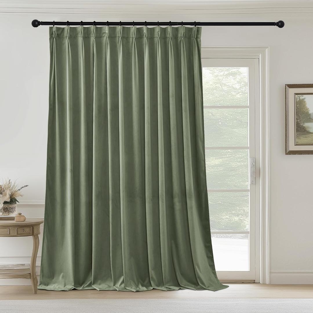 StangH Extra Wide Velvet Curtains for Sliding Door, Sage Green Pinch Pleated Room Darkening Drapes Super Soft Keep Warm Luxury Home Decor for Bedroom Wardrobe, W72 x L96, 1 Panel