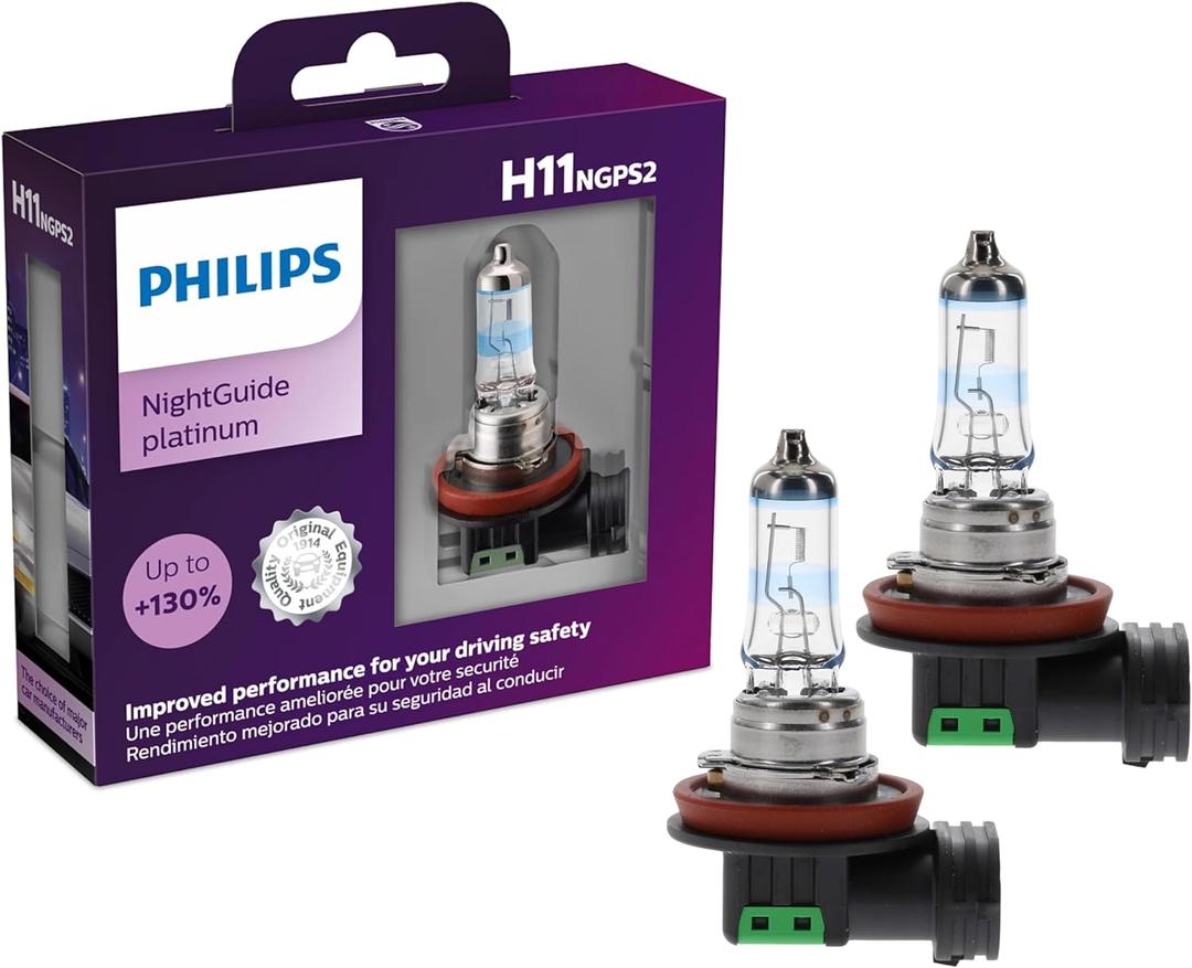 Philips Automotive Lighting H11 NightGuide Platinum Premium Upgrade Automotive Replacement Headlight Bulb for High Beam, Low Beam, and Fog Positions (Pack of 2)