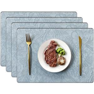 Placemats Set of 6, Carving Floral Design,Non-Slip, Heat Resistant,Washable for Kitchen and Dining Table, Artificial Leather Place Mats (Light Blue)