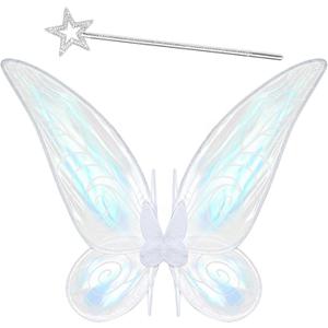 2 Pcs Fairy Wings Adult Women,Butterfly Wings and Wand,Fairy Wings Costume for Adults Girls Halloween Dress Up (White)