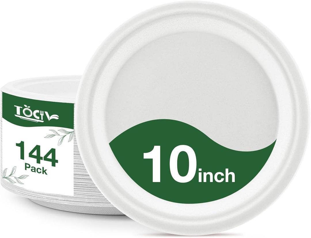 Compostable Paper Plates 10 inch 144 Count Disposable Heavy Duty Large Party Plates Bulk for Dinner Appetizer Dessert Cake Birthday Holiday Party Supplies White