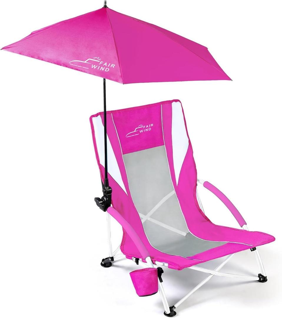 FAIR WIND Portable Beach Chair with Umbrella for Adults, Backpack Folding Arm Chair for Coastal Vacations, Picnics, and Concerts - Supports 300 LBS, Pink