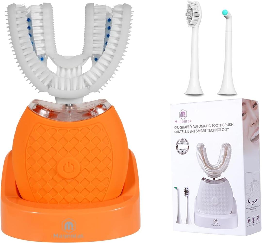 Electric U Shaped Toothbrush for Adult,360 Degree Automatic Cleaning, Ultrasonic Tooth Brush has 23760 Nylon Bristles and 3 Modes Standard, Fast, Ultra Fast(Orange)