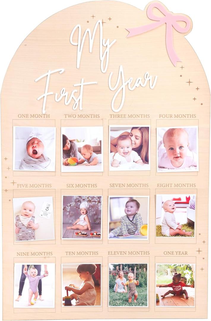 WAUAO Bow My First Year Birthday Board - One Year Of Photo Board, Monthly Milestone Wood Photo Board, First Birthday Decorations Girl,12 Months Photo Banner
