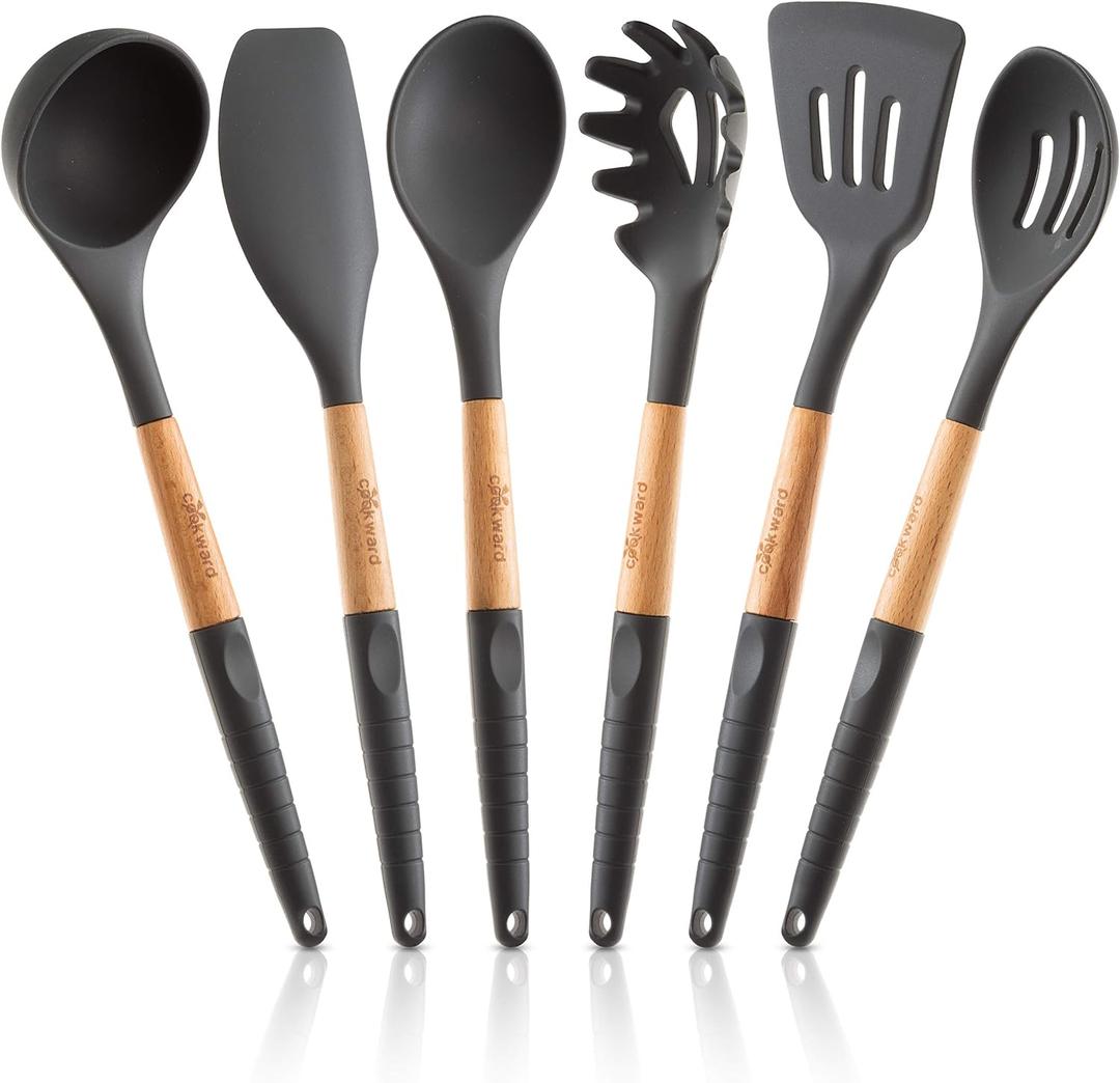 Silicone Cooking Utensils Set 6 Piece Heat Resistant up to 480F, BPA Free & Non-Scratch Kitchen Tools with Natural Wood Handles, Dark Gray