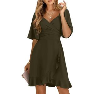 Dokotoo Women's Wrap V Neck Short Flared Sleeve Wedding Guest Dress Smocked Elastic Waist Tiered Belted Ruffle Hem Mini Dress, 2XL
