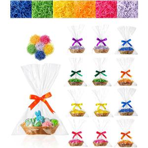 Yalikop 12 Pieces Easter Baskets for Gifts Empty Oval Food Storage Fruit DIY Basket with Colorful Ribbon Grass Raffia Paper Shreds and Clear Gift Bags for Easter Wedding Wrapping