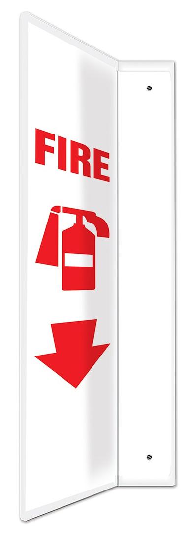 Accuform PSP717 Projection Sign 90D, "FIRE (Extinguisher)", 24" x 4" Panel, 0.10" Thick High-Impact Plastic, Pre-Drilled Mounting Holes, White on Red