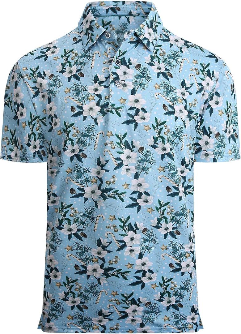 Alex Vando Mens Hawaiian Golf Shirt Moisture Wicking Digital Print Golf Shirts for Men (White Christmas Flower)