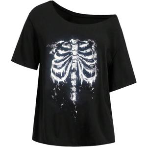 SOLY HUX Women's Off The Shoulder Tops Y2k Goth Vintage Graphic Tees Short Sleeve Oversized T Shirt (Large)