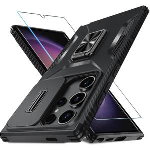 for Samsung Galaxy S25 Ultra Case with Tempered Glass Screen Protector and Camera Lens Cover,Rotated Ring Stable Kickstand,Heavy Duty Shockproof Protective Phone Cover-Black