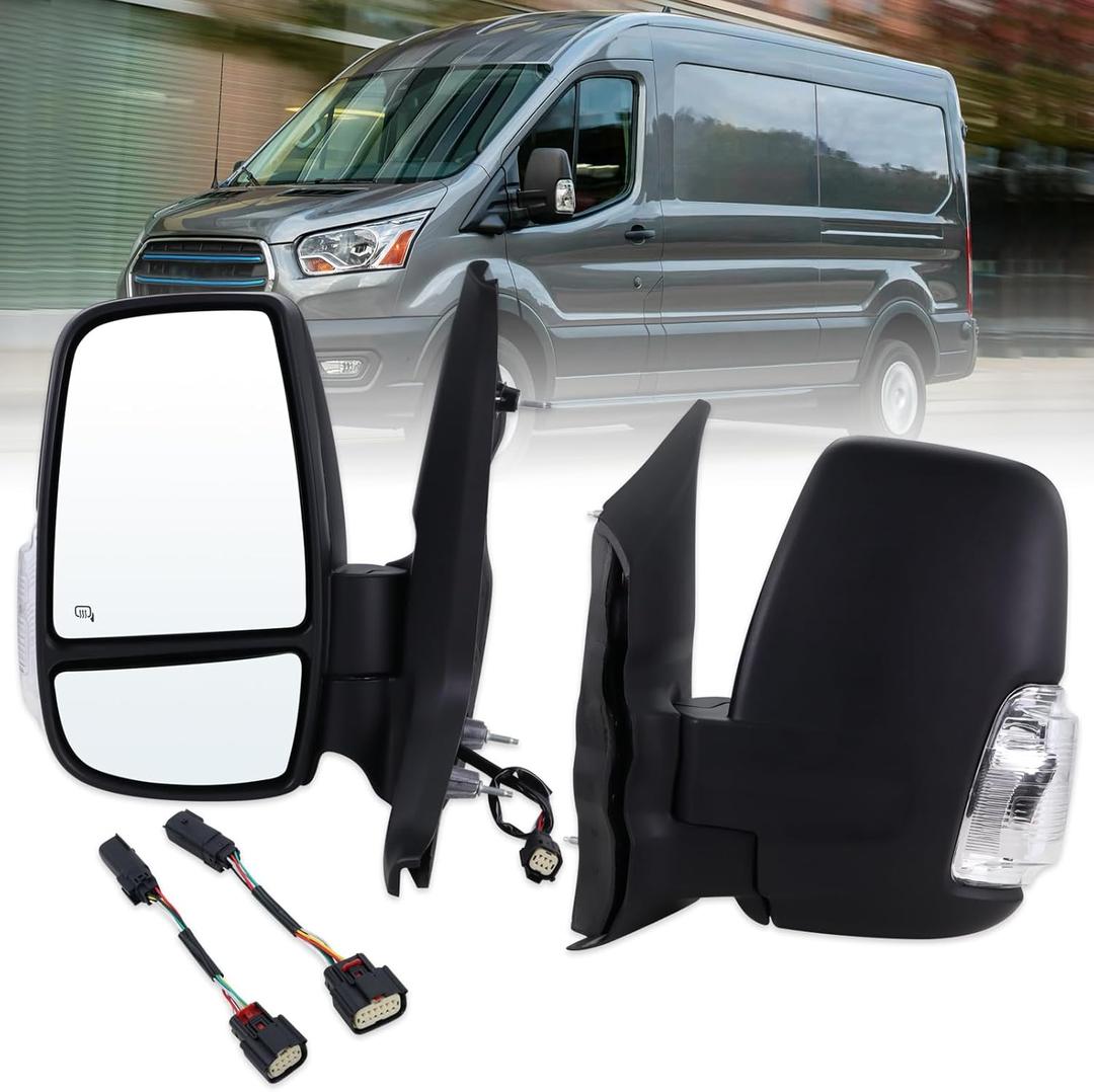 Left Driver Side Mirror Compatible With 2015-2026 Ford Transit 150 250 350 350HD With Power Glass Manual Folding Heated Turn Signal Matte Black (Short Arm) Replace#CK4Z-17683-CA(6Pins)