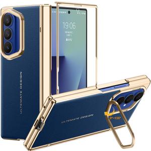 for Samsung Galaxy Z Fold 7 Case with Leather Back, Built-in Camera Kickstand, Electroplated Frame & Hinge Protection, Screen Protector, Thin & Slim Leather Stand Cover 5G 2025, Blue