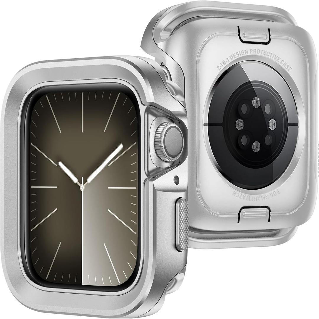 Metal Case Compatible with Apple Watch Case Series 6 SE 5 4 44mm, 2 in 1 Rugged Protective Silicone Bumper Cover Compatible with iWatch 44mm (Silver)