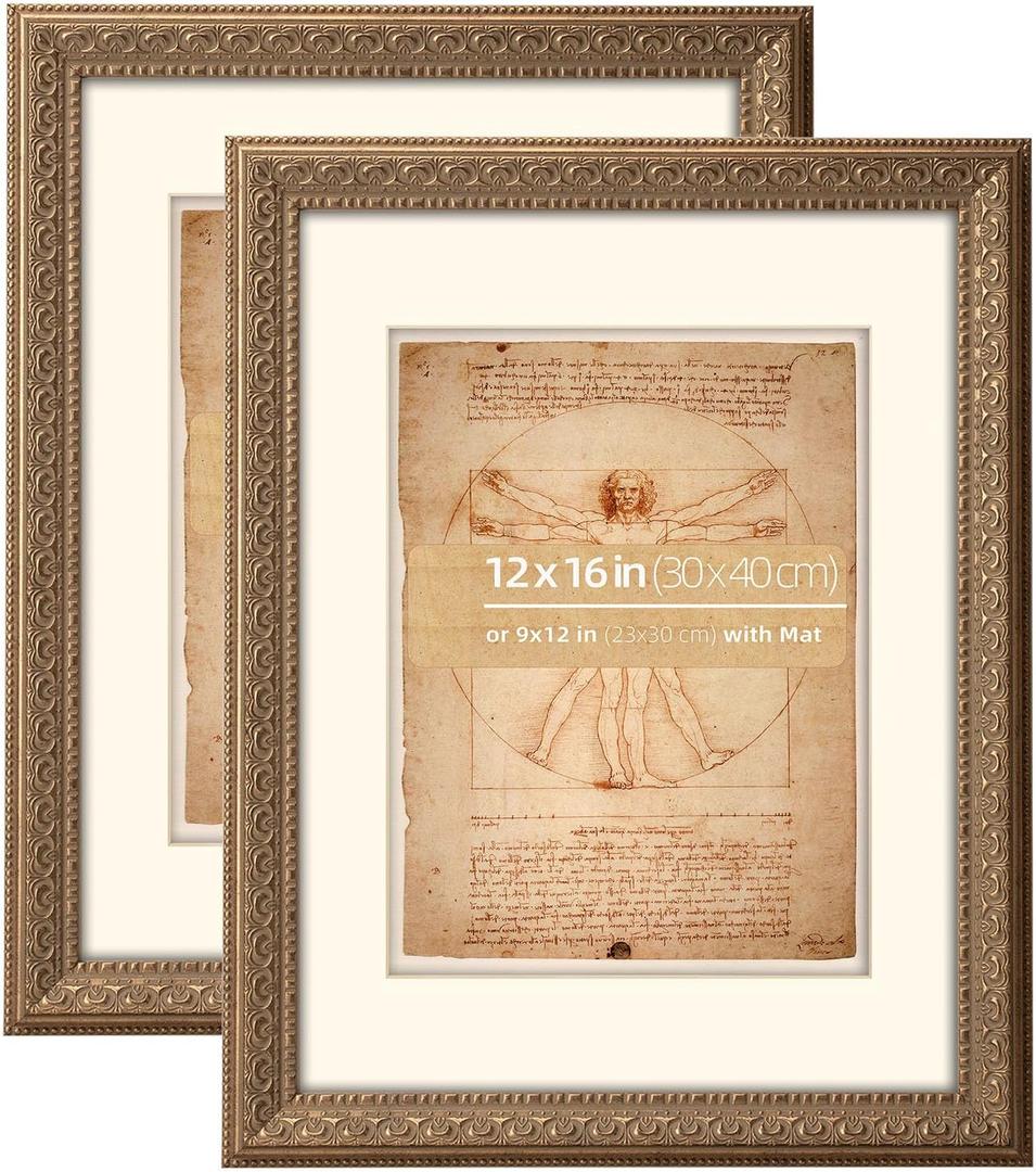 12x16 inches Antique Bronze Ornate Picture Frame, With Mat for 9x12 inches photos, Plexi glass Protection, 2 Pack