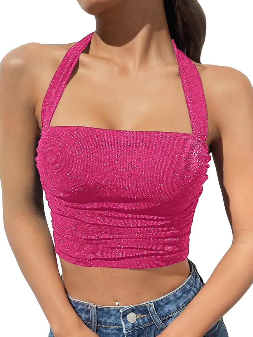 OYOANGLE Women's Glitter Sparkly Sleeveless Tie Backless Ruched Crop Halter Tops Party Clubwear (Medium, Hot Pink)