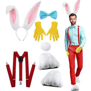 Shyyween 6 Pcs Halloween Rabbit Costume Set for Men Bunny Ear Headband Shoes Tail Bowtie Glove Y Back Adjustable Suspender (Medium)