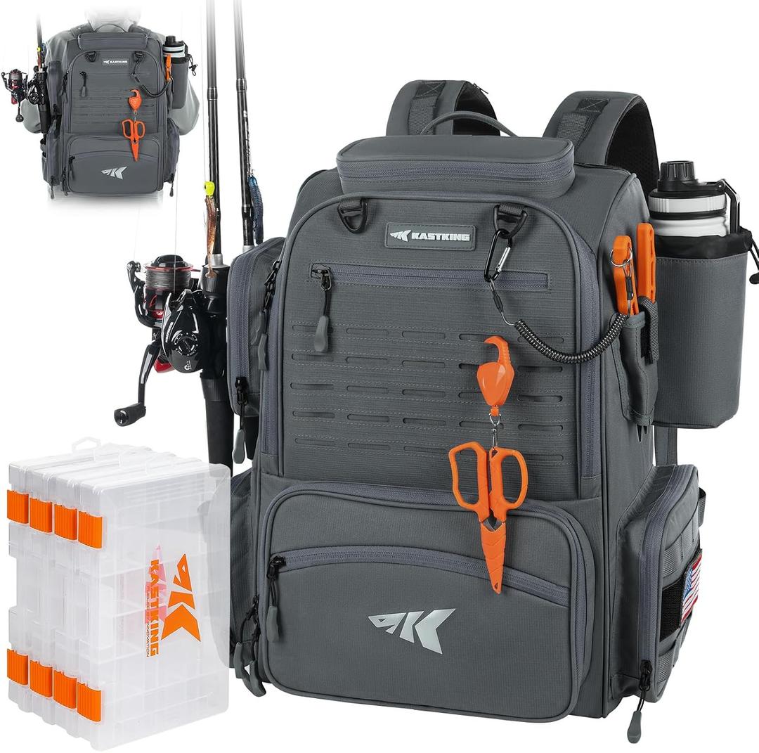 KastKing Bait Boss Fishing Tackle Backpack with Rod Holders-4 Tackle Boxes-Rain Cover,Storage for Fishing Gear, 45L
