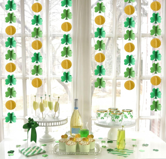 AmazingSpark 4 Pcs St Patricks Day Decorations 3D Shamrock Garland Banner Glitter Green Lucky Clover Gold Coin Hanging Streamers Ornaments for Irish Spring Birthdays Party Supplies Decor 46ft