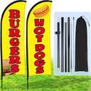 Buryeah 2 Sets Hot Dogs Burgers Feather Flag Banner Kit for Business Advertising 8 ft Swooper Flag with Pole Ground Stake Portable Bag Outside Hot Dog Sign for Restaurant Advertising Business (Yellow)