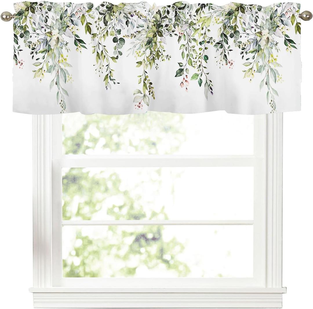 AWJTNCQ Sage Green Leaf Kitchen Curtains Valances for Windows Spring Summer Eucalyptus Leaves Window Valance Farmhouse Short Topper Rod Pocket Curtain for Living Room Bathroom Bedroom Decor 54x18 Inch