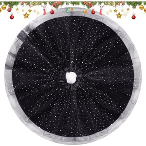 Christmas Wedding Tree Skirt,45 inch 4-Layer Fluffy Romantic Pleated Sparkly Halloween Skirt Decoration Xmas Tree Ornament for Holiday and Party(Black)