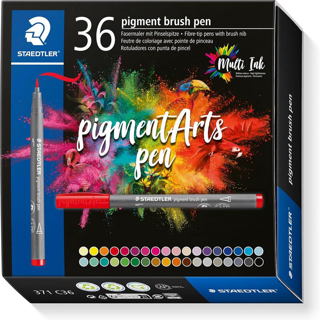 STAEDTLER Pigment Arts Brush Pen - Assorted Basic Colours, Pack of 36, 371 C36 (1 Count (Pack of 36))