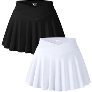 OQQ Women 2 Piece Mini Skirts 2 in 1 Flowy Sexy Basic Stretchy Cross Over Flared Casual Skirts (Large, Black White)